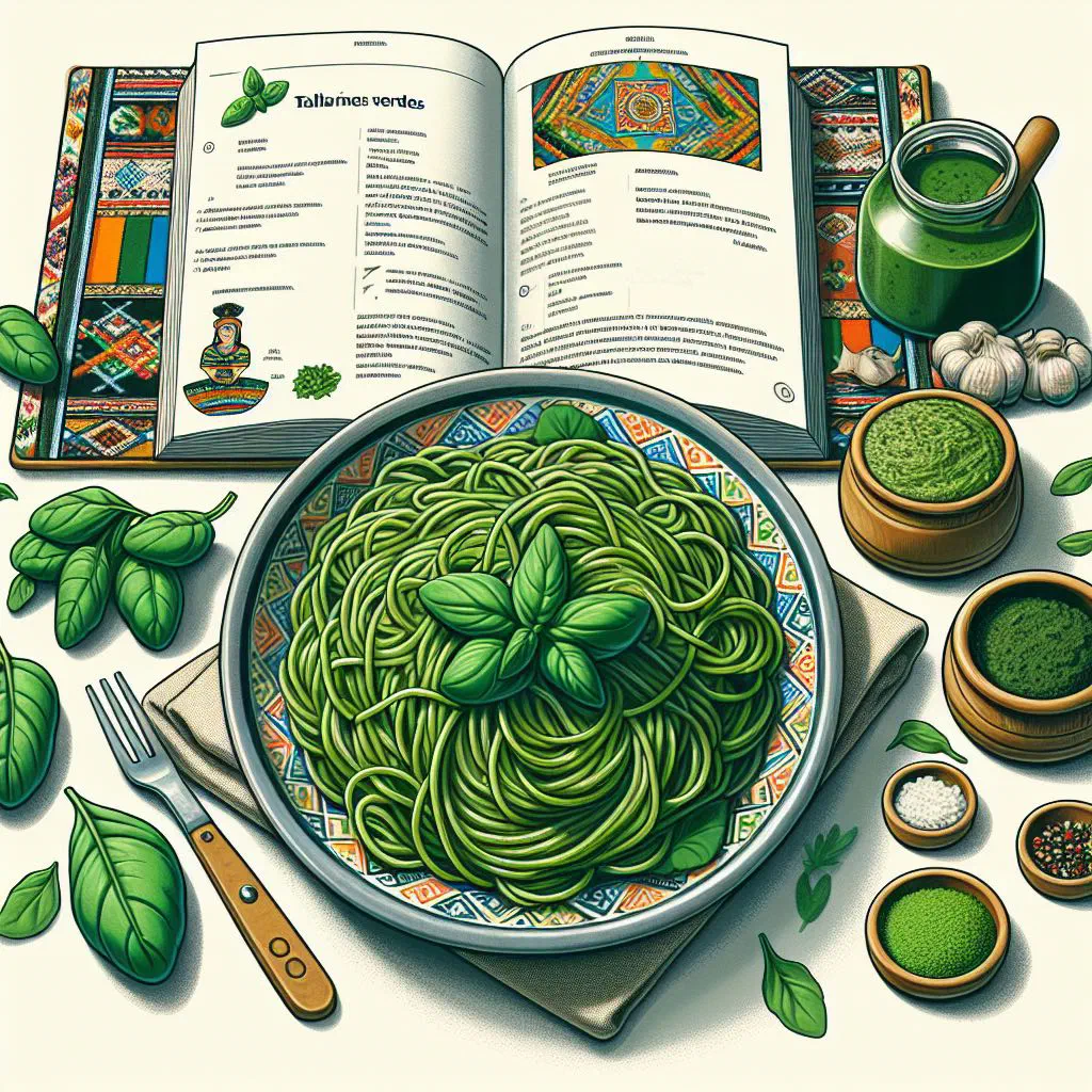 Plate of tallarines verdes pasta coated in a creamy green spinach and basil sauce