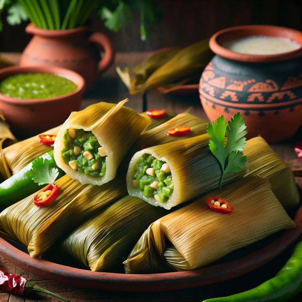Green Peruvian tamalitos verdes wrapped in banana leaves on a plate