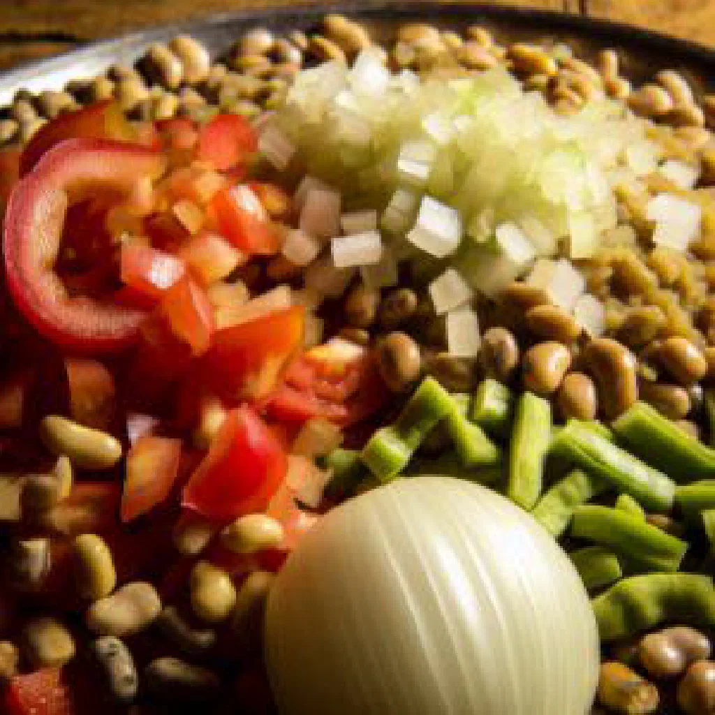 Cooked tarwi Andean lupini beans tossed with onion, tomato and fresh herbs