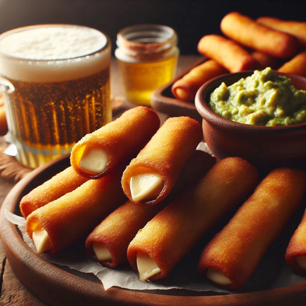 Golden fried Peruvian cheese sticks served with a dip