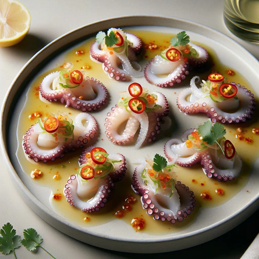 Thinly sliced octopus tiradito with lime marinade, red onion and coriander