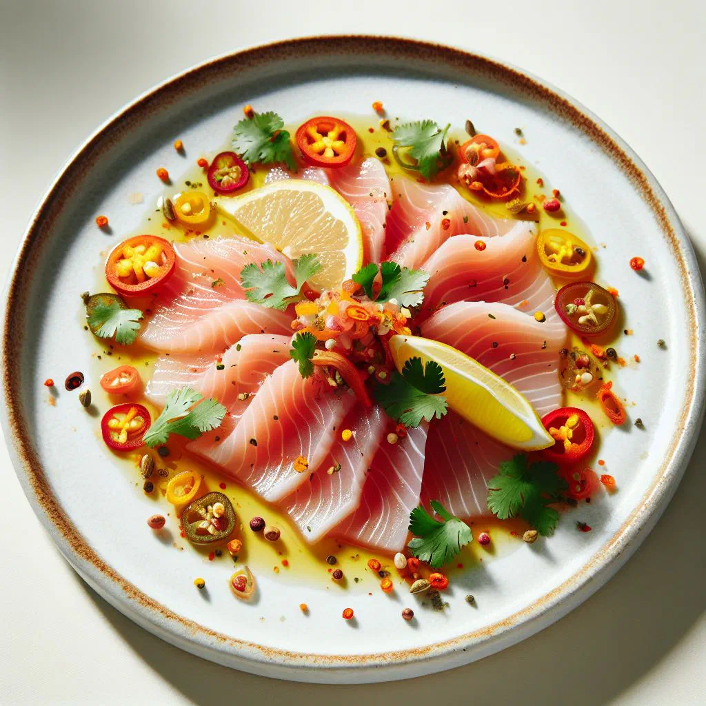 Thinly sliced raw fish tiradito with lime marinade and coriander garnish