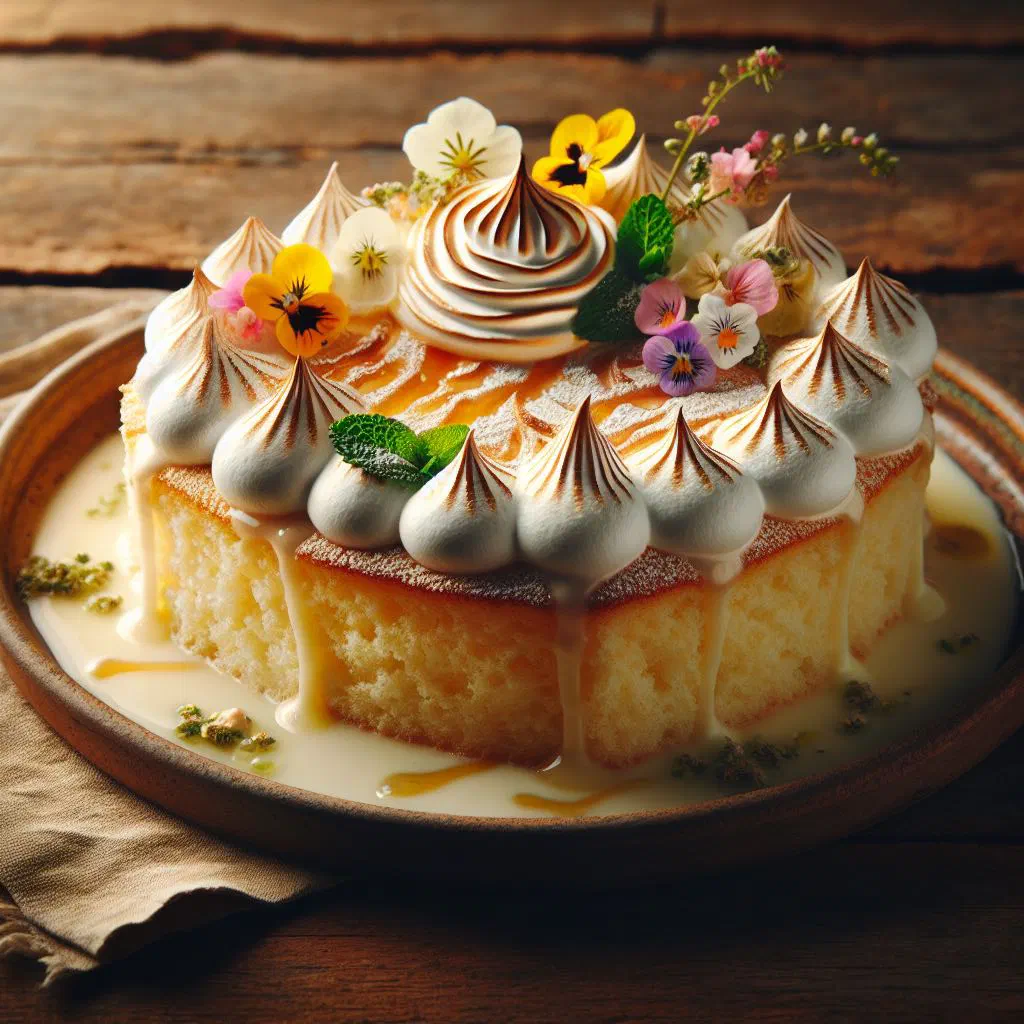 Slice of moist tres leches sponge cake topped with whipped cream and cinnamon