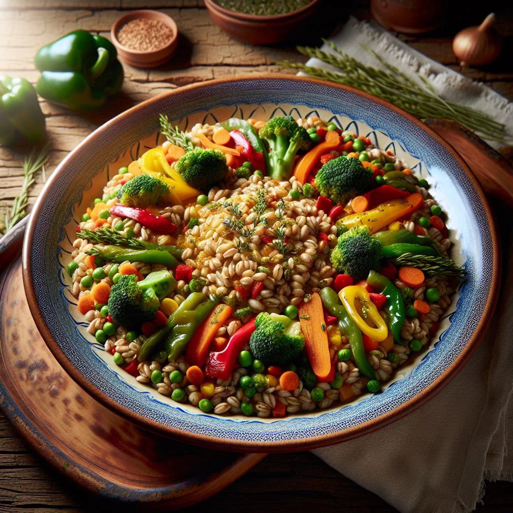 Bowl of cooked wheat with colourful sautéed vegetables