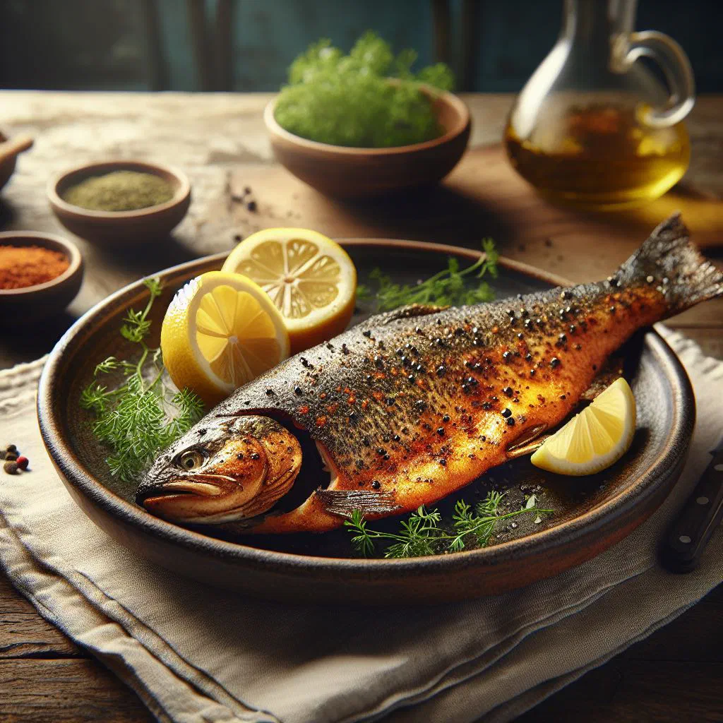 Crispy pan-fried trout served with lemon slices and fresh herbs