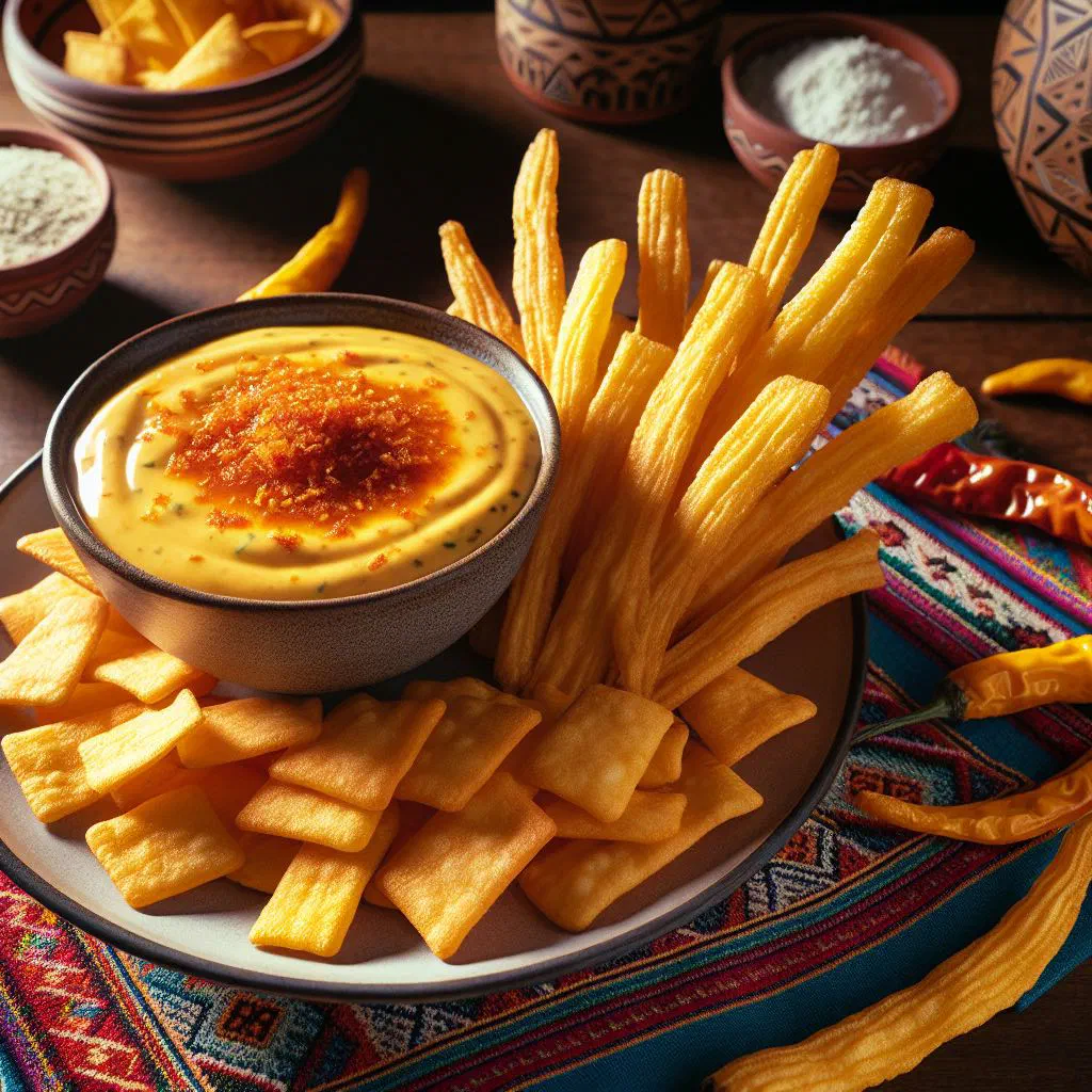 Golden fried yuca sticks served with creamy yellow huancaína sauce