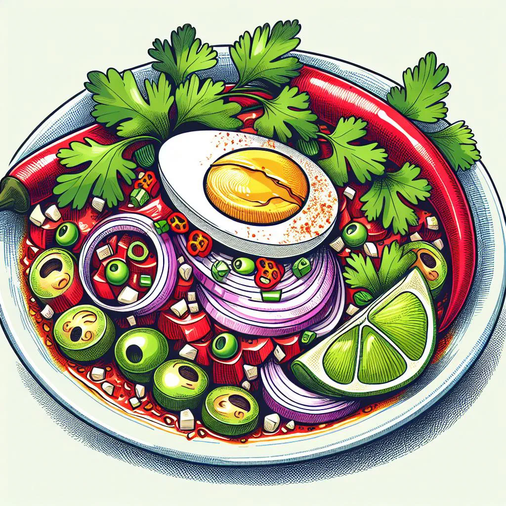 Bowl of zarza criolla with sliced red onion, tomato and fresh coriander