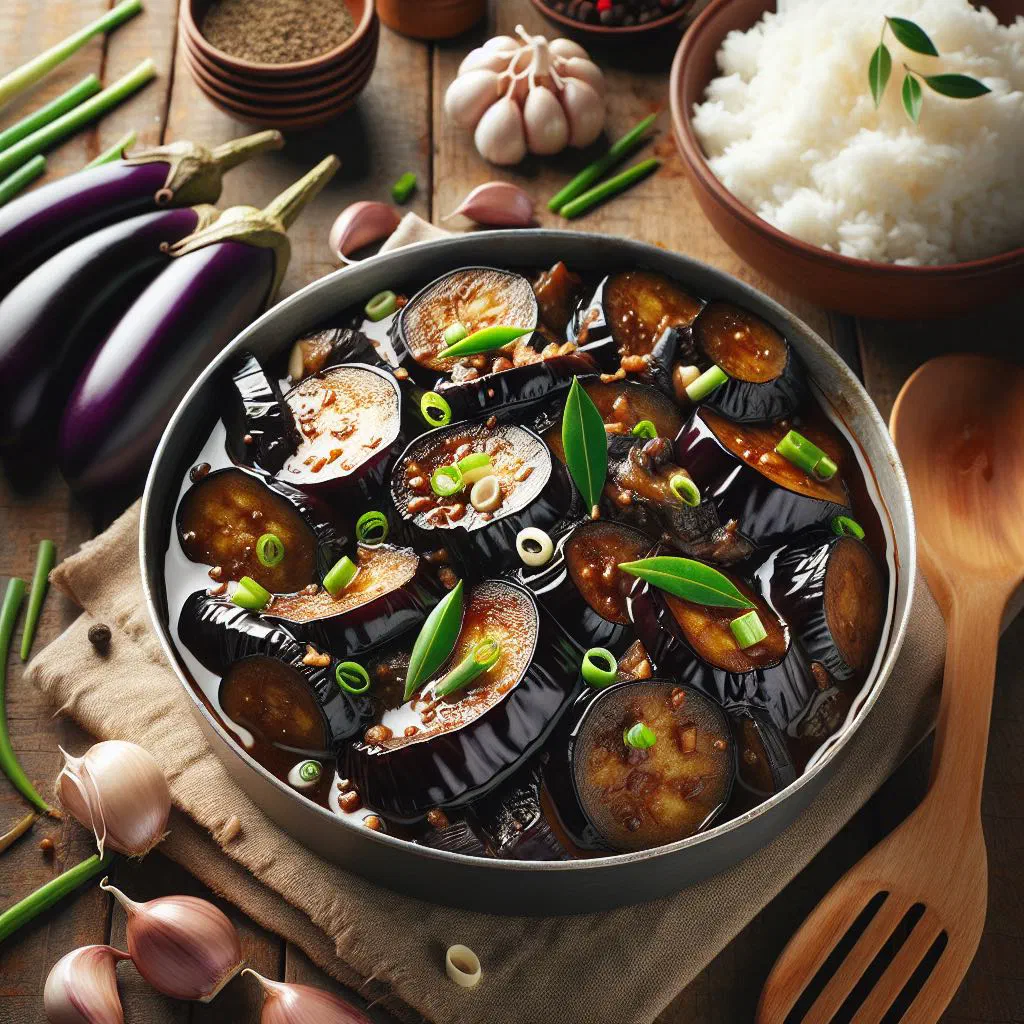 Braised aubergine in adobo sauce garnished with fresh coriander