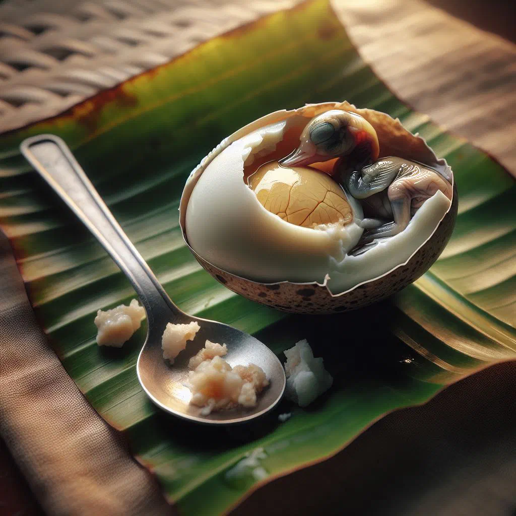 Boiled balut duck egg opened in its shell with salt