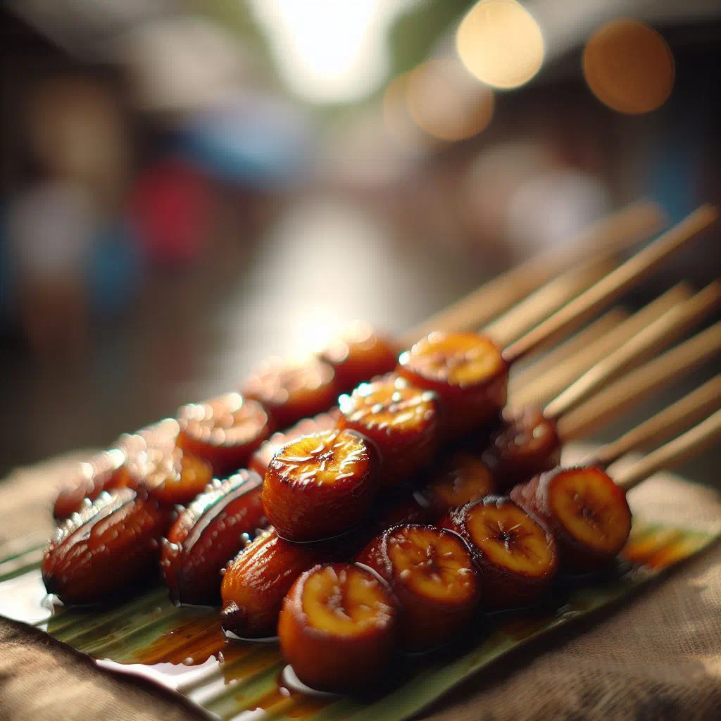 Caramelised banana cue skewers glazed in golden sugar