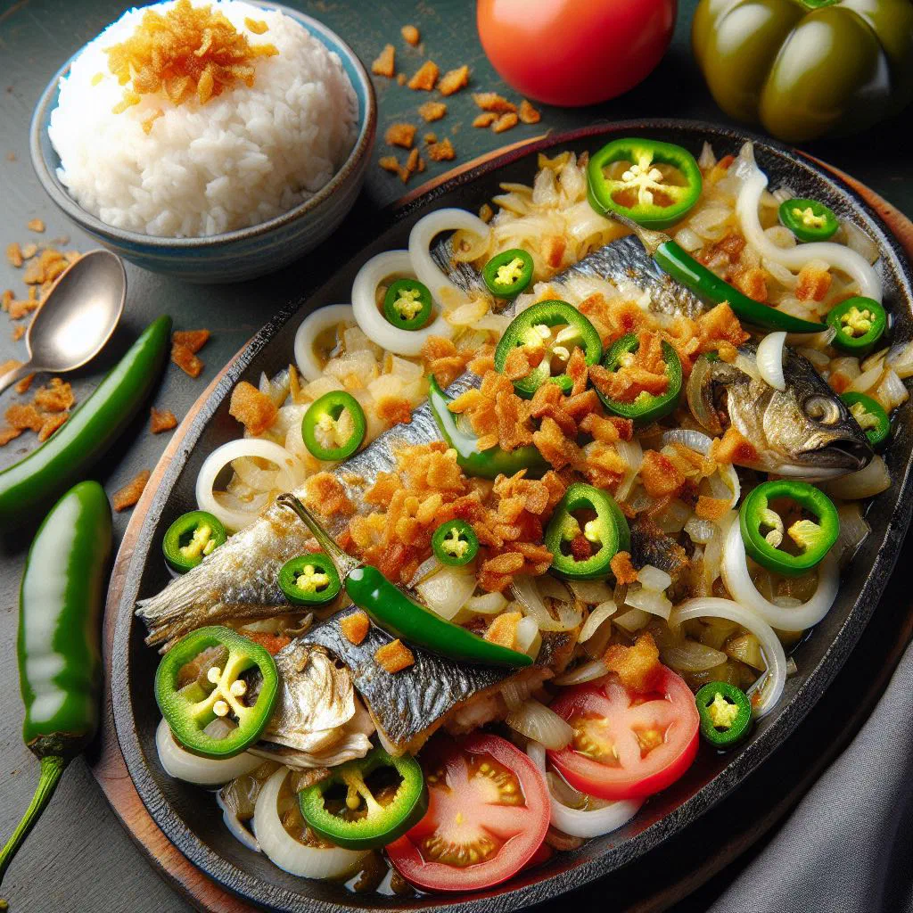Sizzling bangus sisig with flaked grilled milkfish, onions and lime