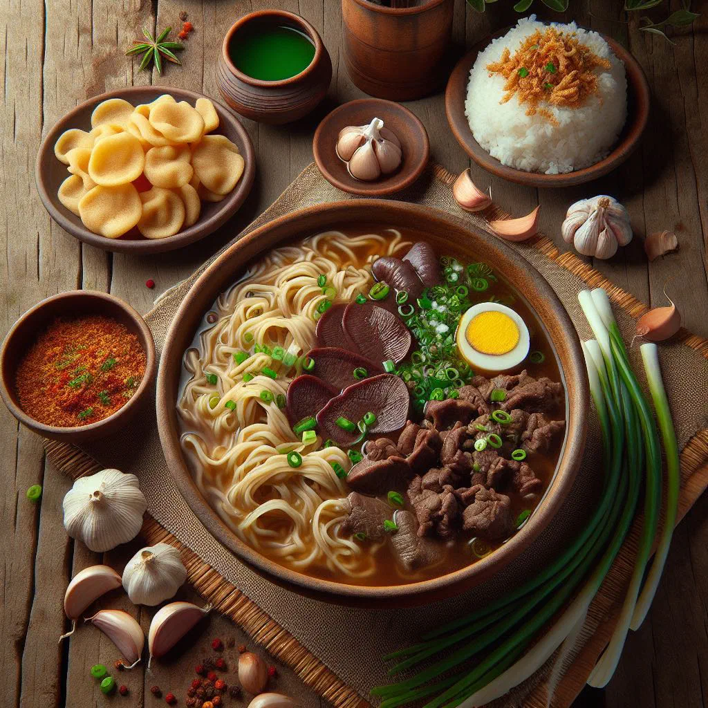 A steaming bowl of Iloilo-style batchoy noodle soup topped with spring onions and fried garlic