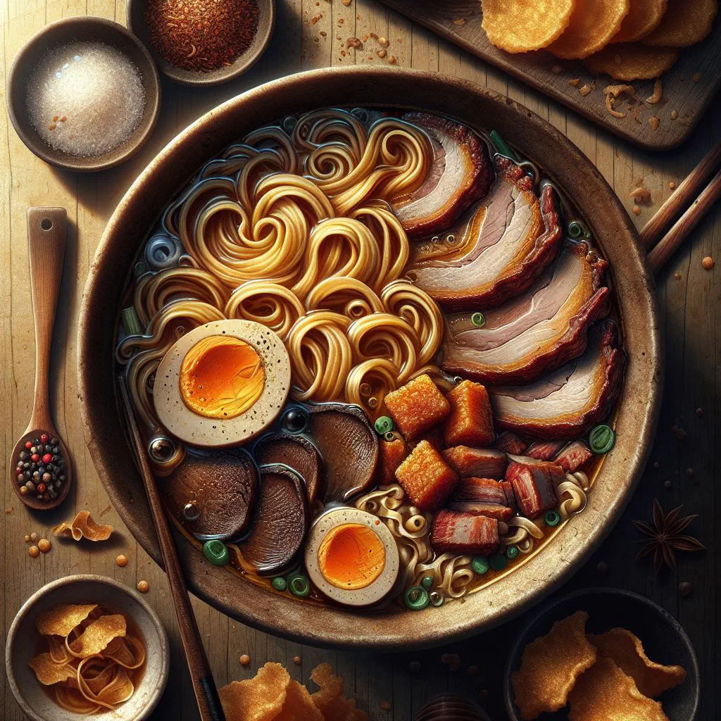 A steaming bowl of Filipino batchoy noodle soup topped with spring onions