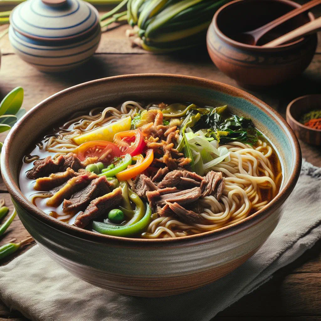 A steaming bowl of batchoy noodle soup topped with pork and spring onions