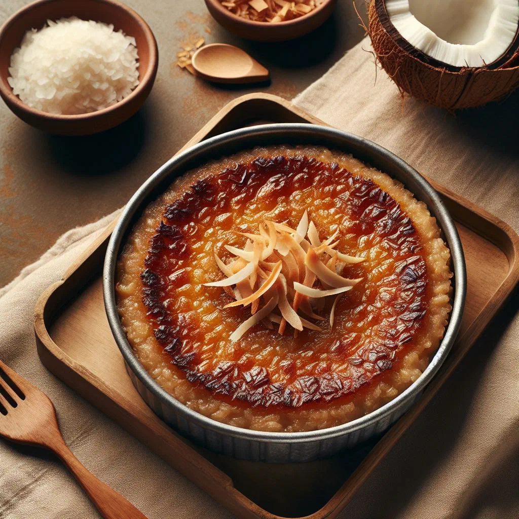 Sticky coconut rice cake topped with golden caramel, cut into squares