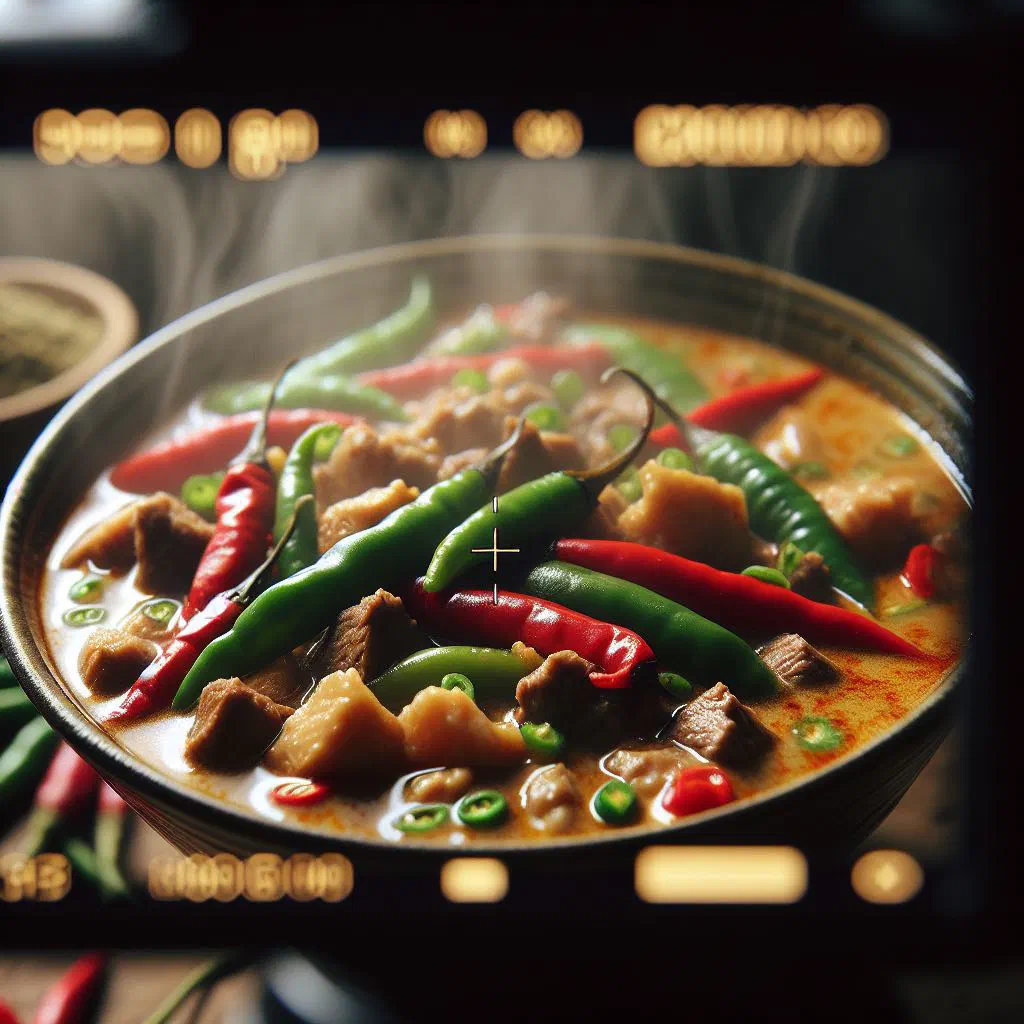Bicol Express pork stew in creamy coconut milk with red chillies, served with rice
