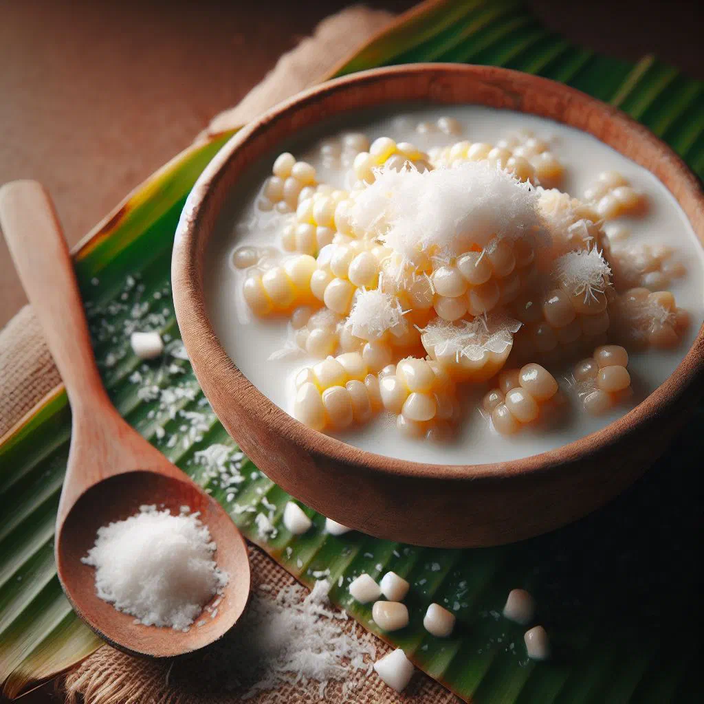 Bowl of Binatog with coconut milk topped with grated coconut and fresh fruit