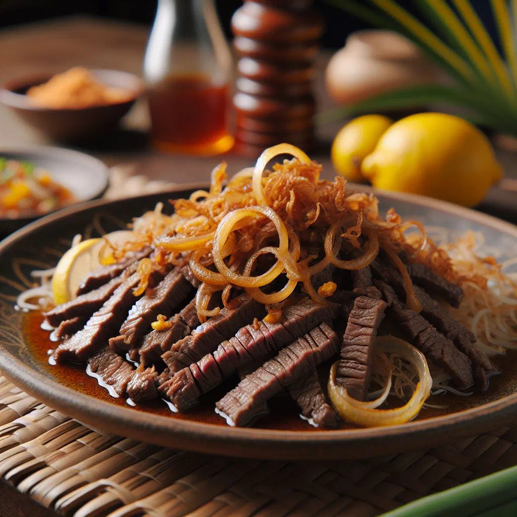 Bistek Ilonggo beef steak with onion rings served over rice