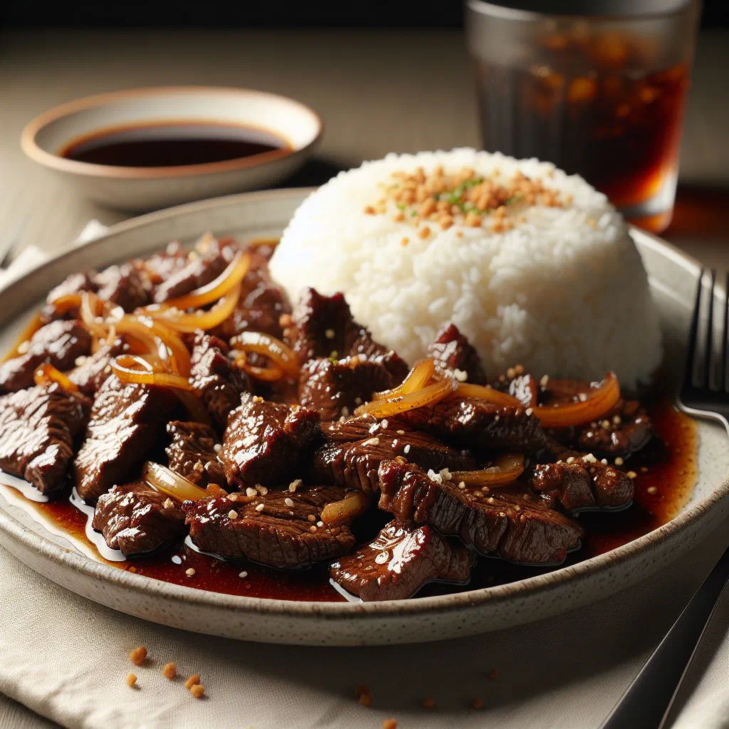 Bistek Tagalog with tender beef slices and onion rings in soy sauce