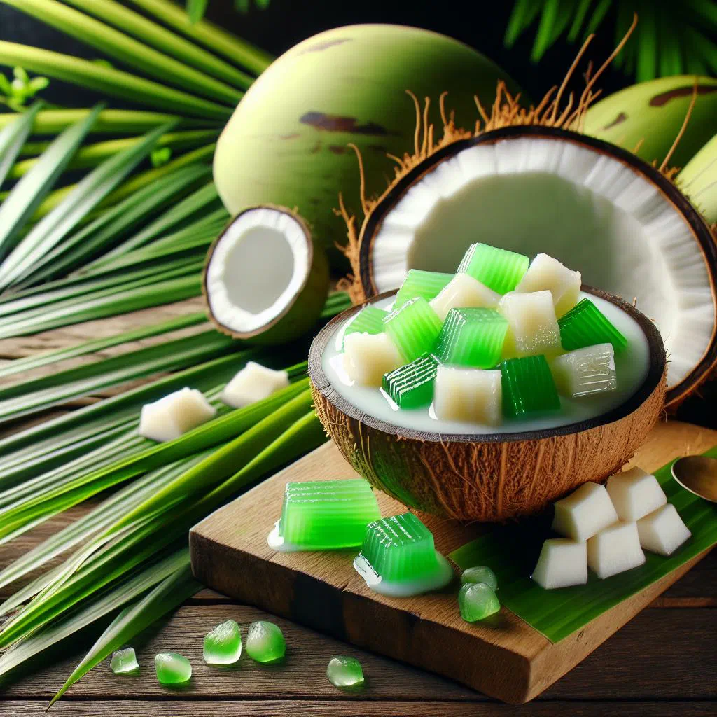 Creamy buko pandan dessert with young coconut strips and tapioca pearls