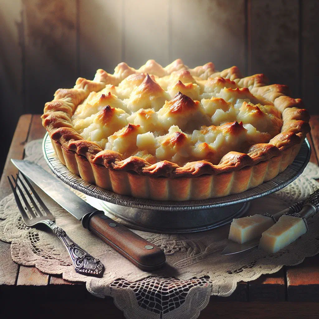 Golden-baked buko pie with a creamy young coconut filling, sliced on a plate