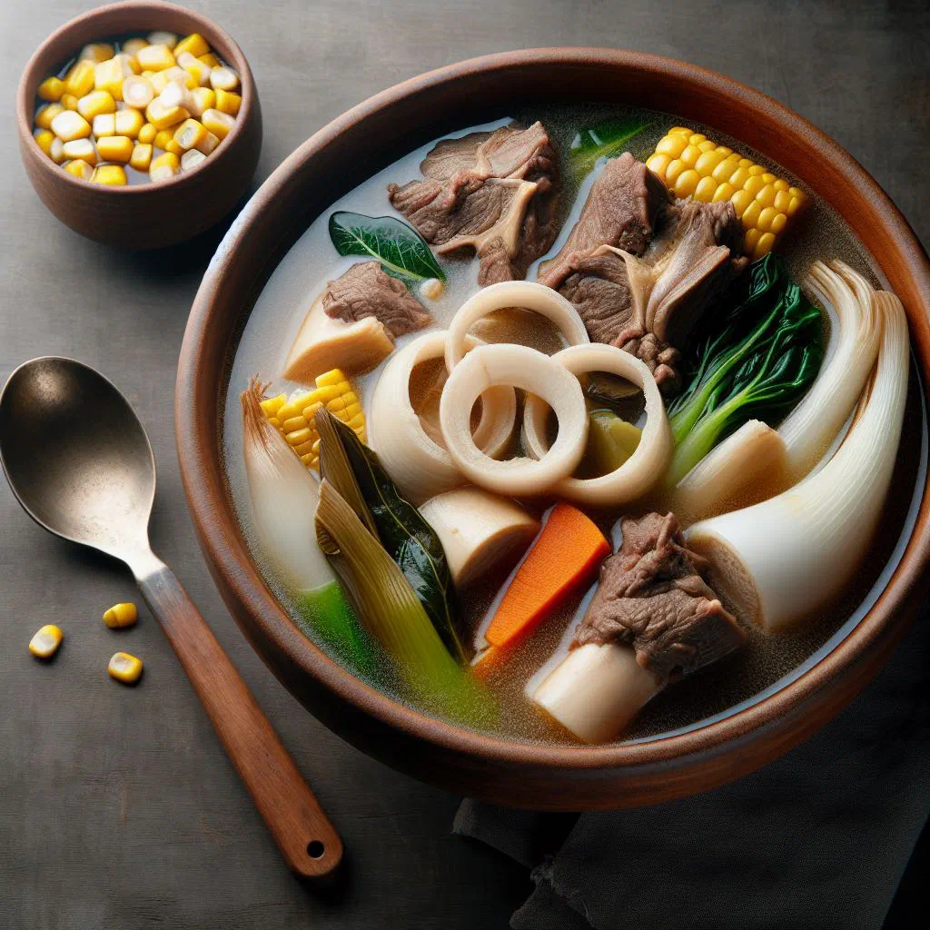 A steaming bowl of bulalo with beef shank, bone marrow, corn and cabbage