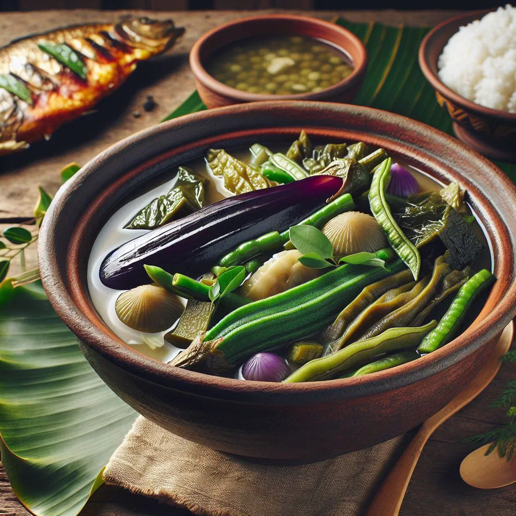 Bowl of Filipino bulanglang na gulay vegetable soup with ginger and onions