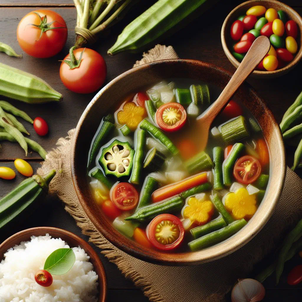 A bowl of bulanglang vegetable stew with squash, aubergine and green beans