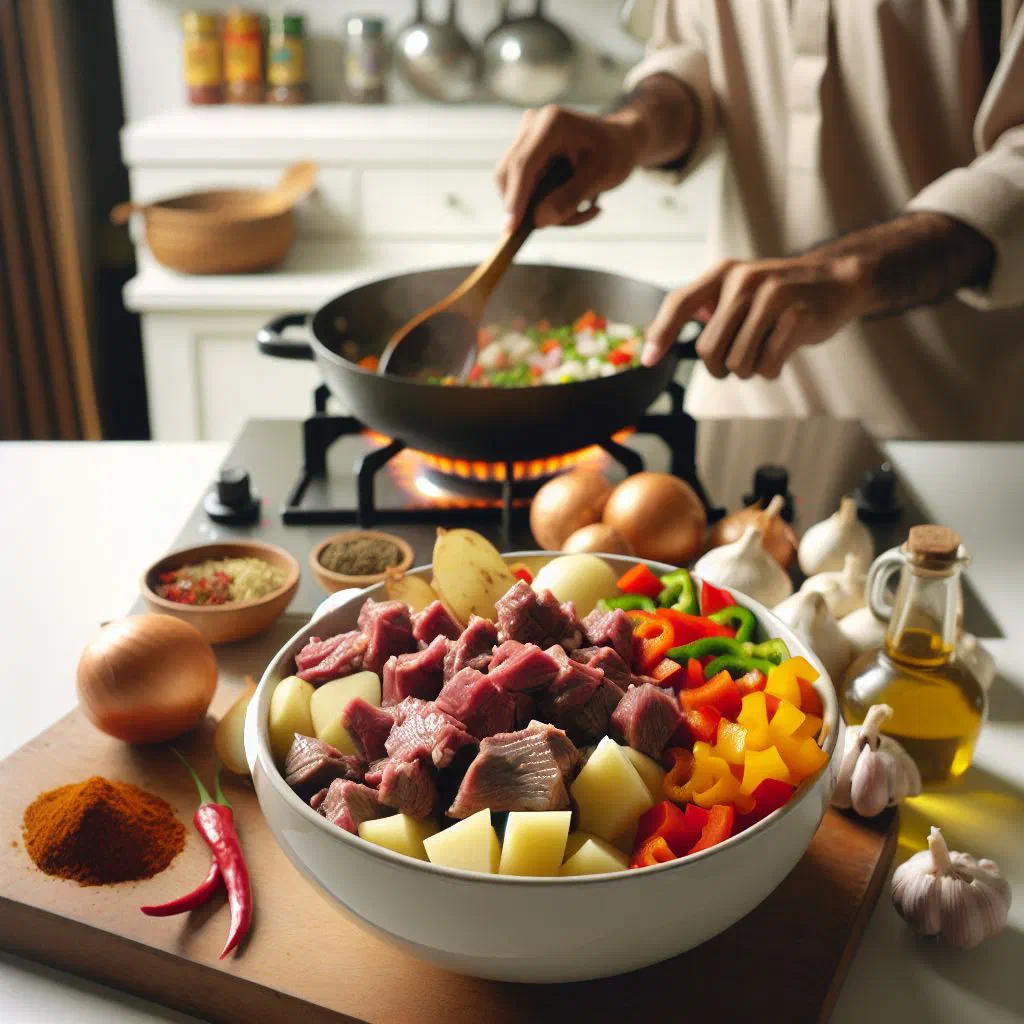 Calderetang kambing goat stew in rich tomato sauce with potatoes and carrots