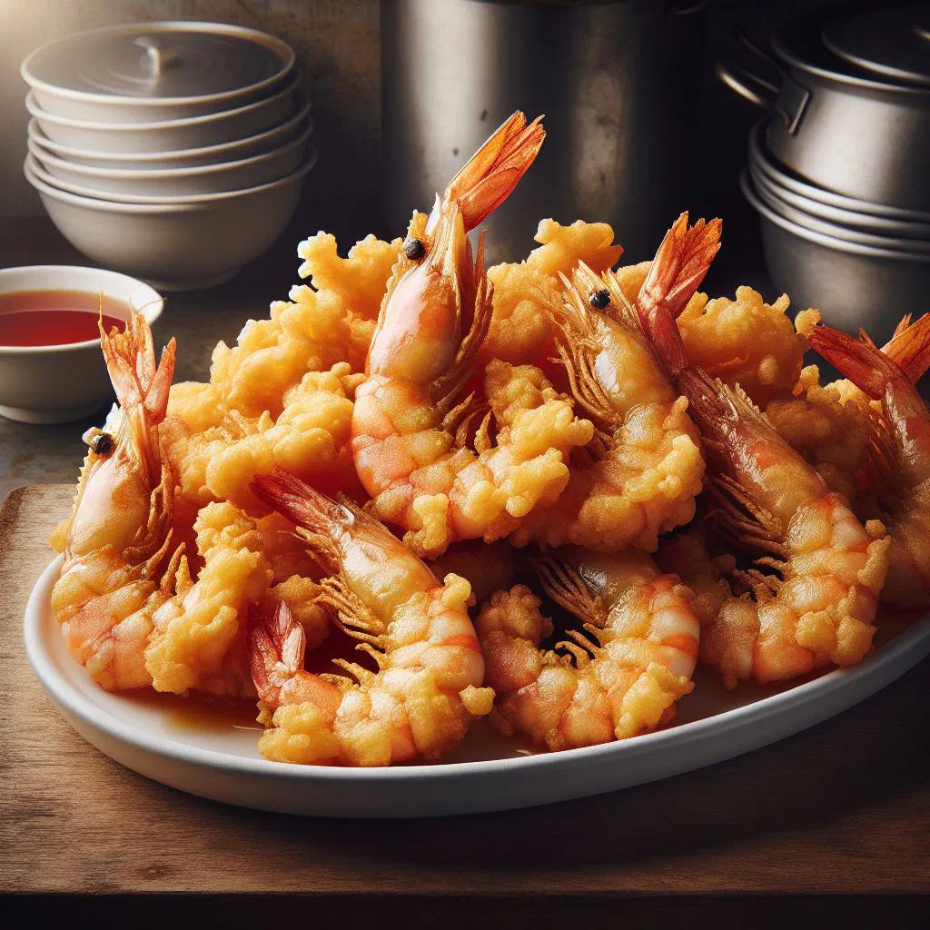 Golden battered prawns served with a soy-lime dipping sauce