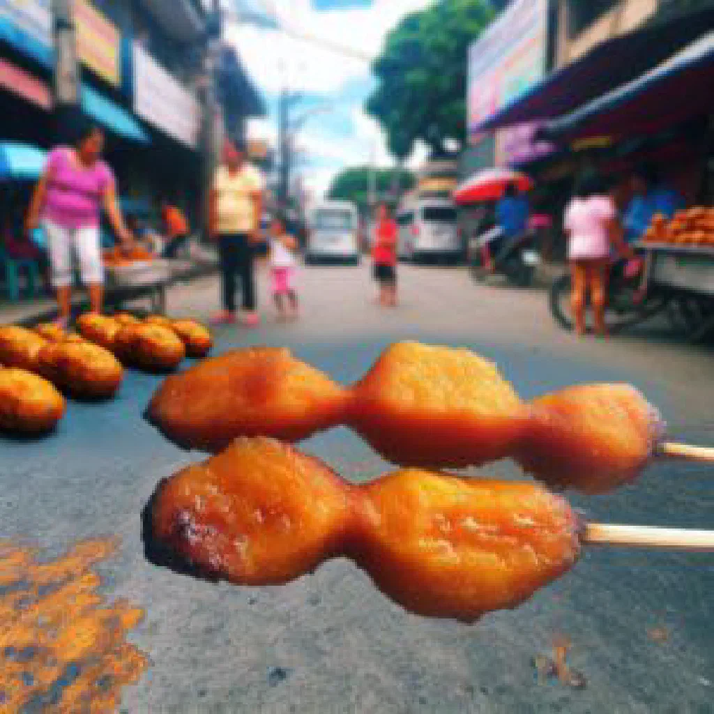 Skewered caramelised sweet potato camote cue on a plate