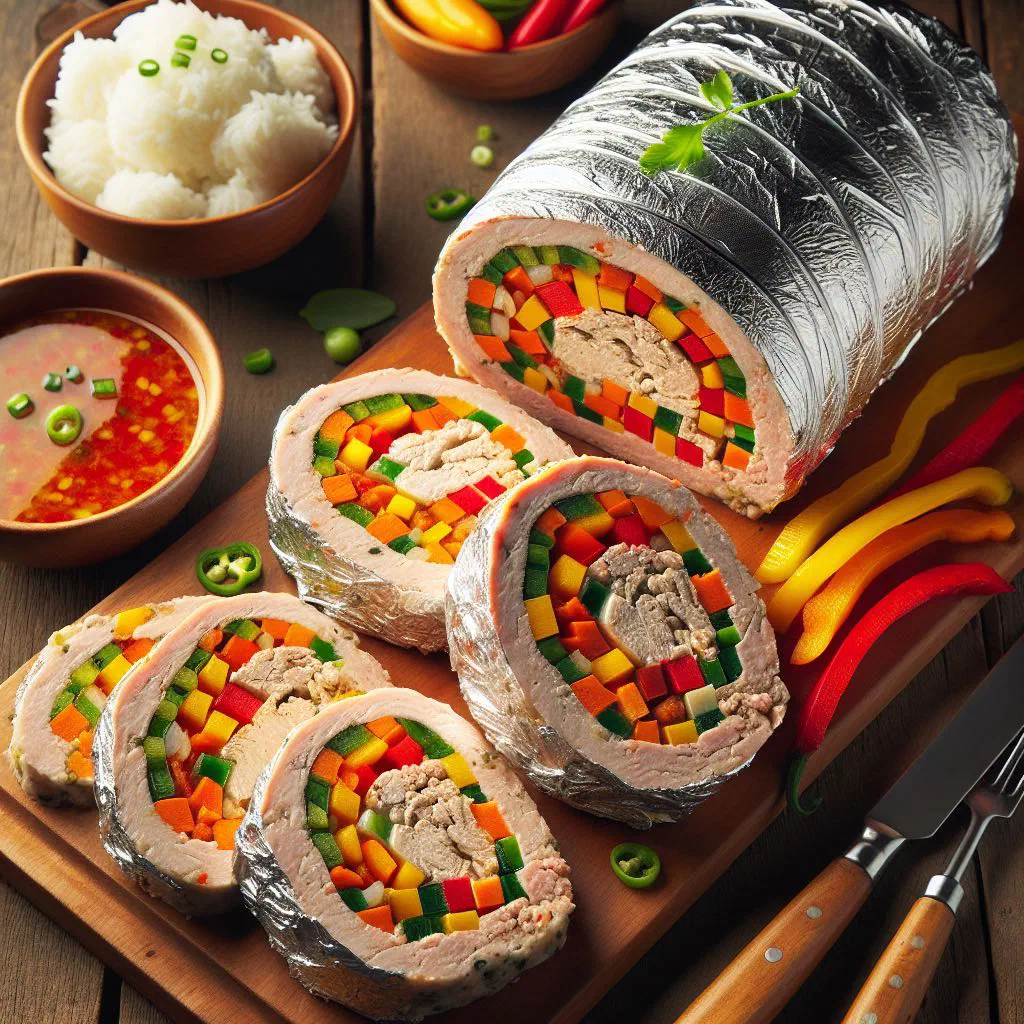 Sliced chicken embutido meatloaf roll served on a plate