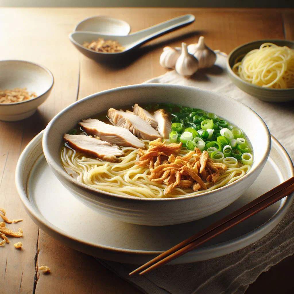 Bowl of chicken mami noodle soup topped with spring onions