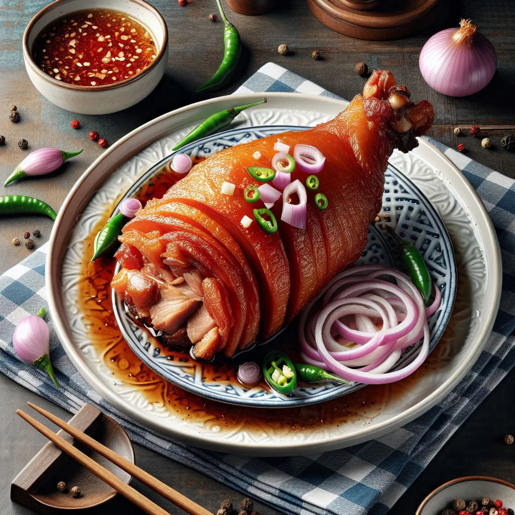 Crispy pata with golden crackling skin served with a garlic dipping sauce