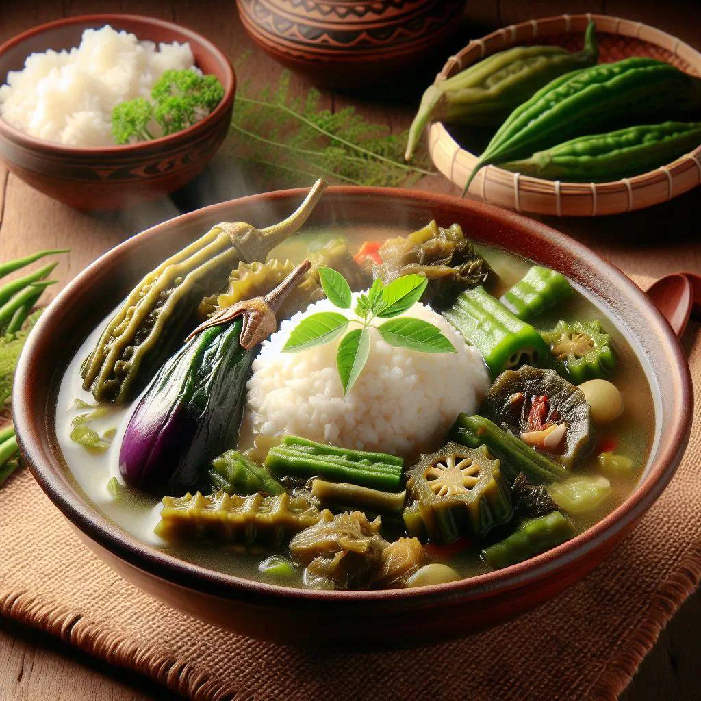 Bowl of Dinengdeng Ilocano vegetable stew topped with grilled fish