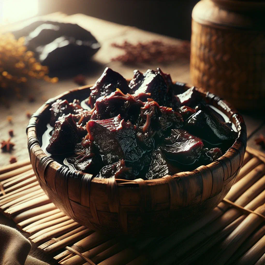 Dinuguan, a dark Filipino pork blood stew served in a bowl with rice