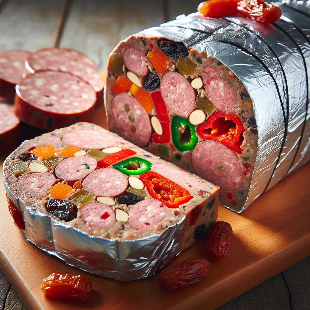 Sliced Filipino embutido meatloaf roll on a serving plate