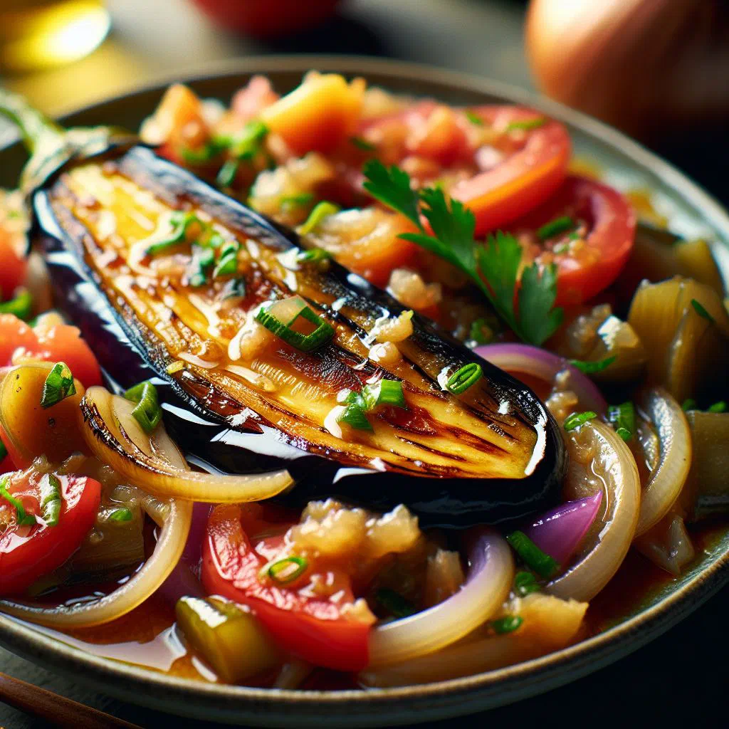 Grilled aubergine salad with tomatoes, onion and a tangy dressing