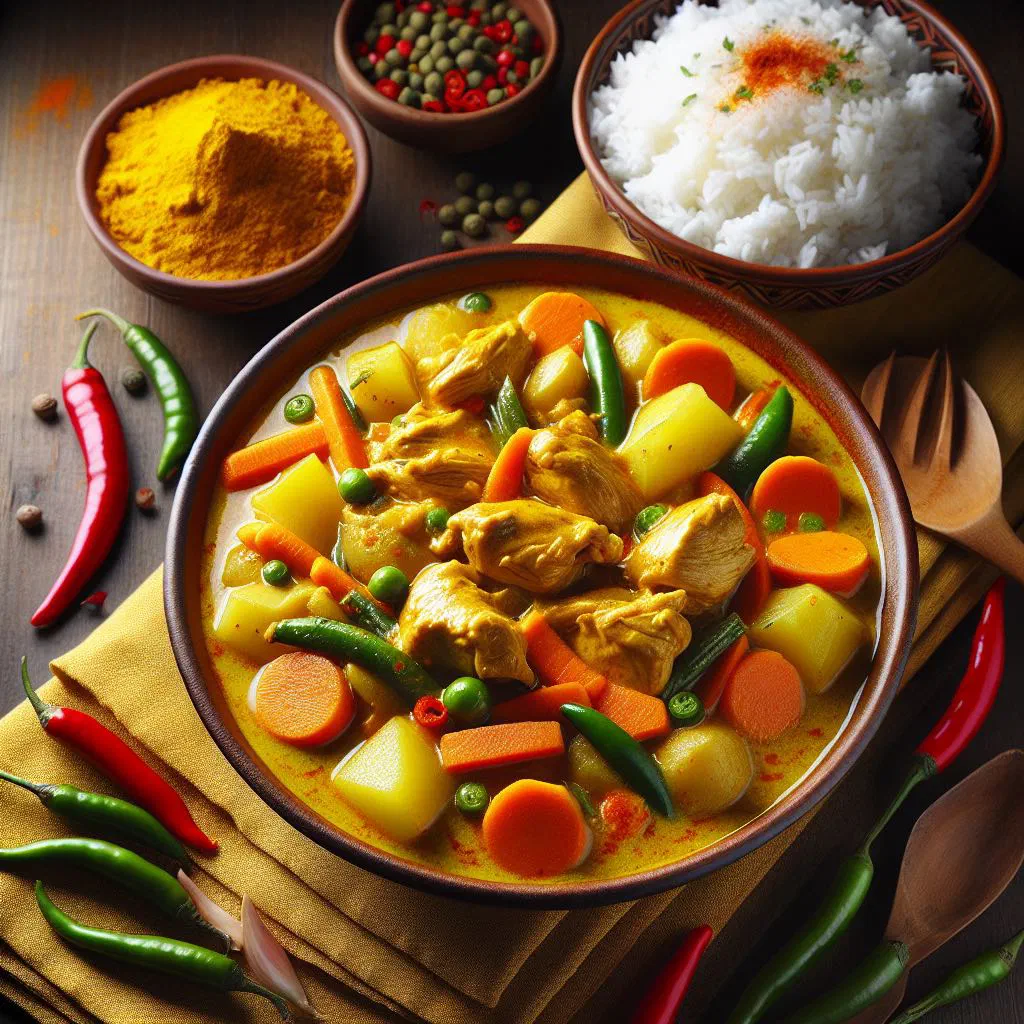 Filipino-style chicken curry in a creamy coconut sauce garnished with fresh coriander