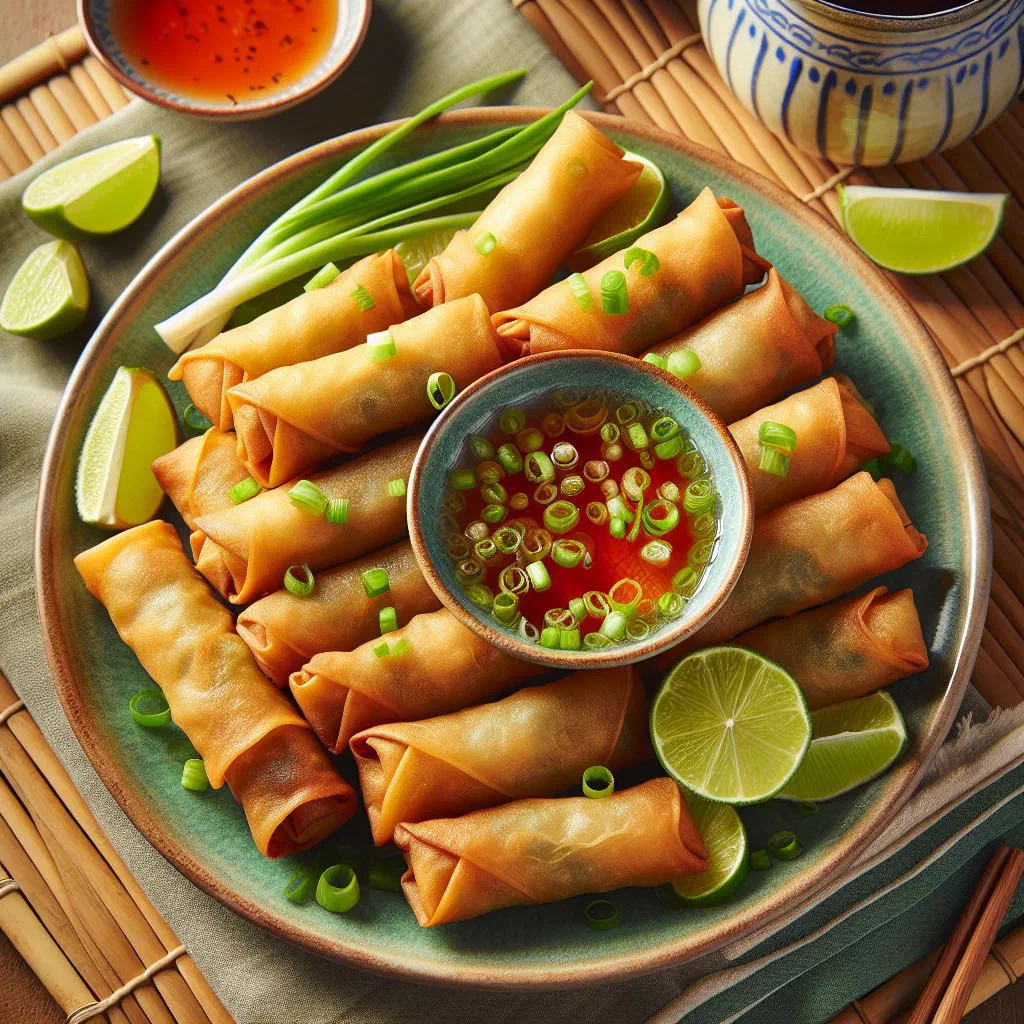 Golden, crispy fried lumpia spring rolls served with a dipping sauce