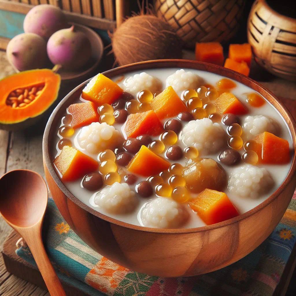 Bowl of ginataang bilo-bilo with chewy rice balls, sweet potato and banana in coconut milk
