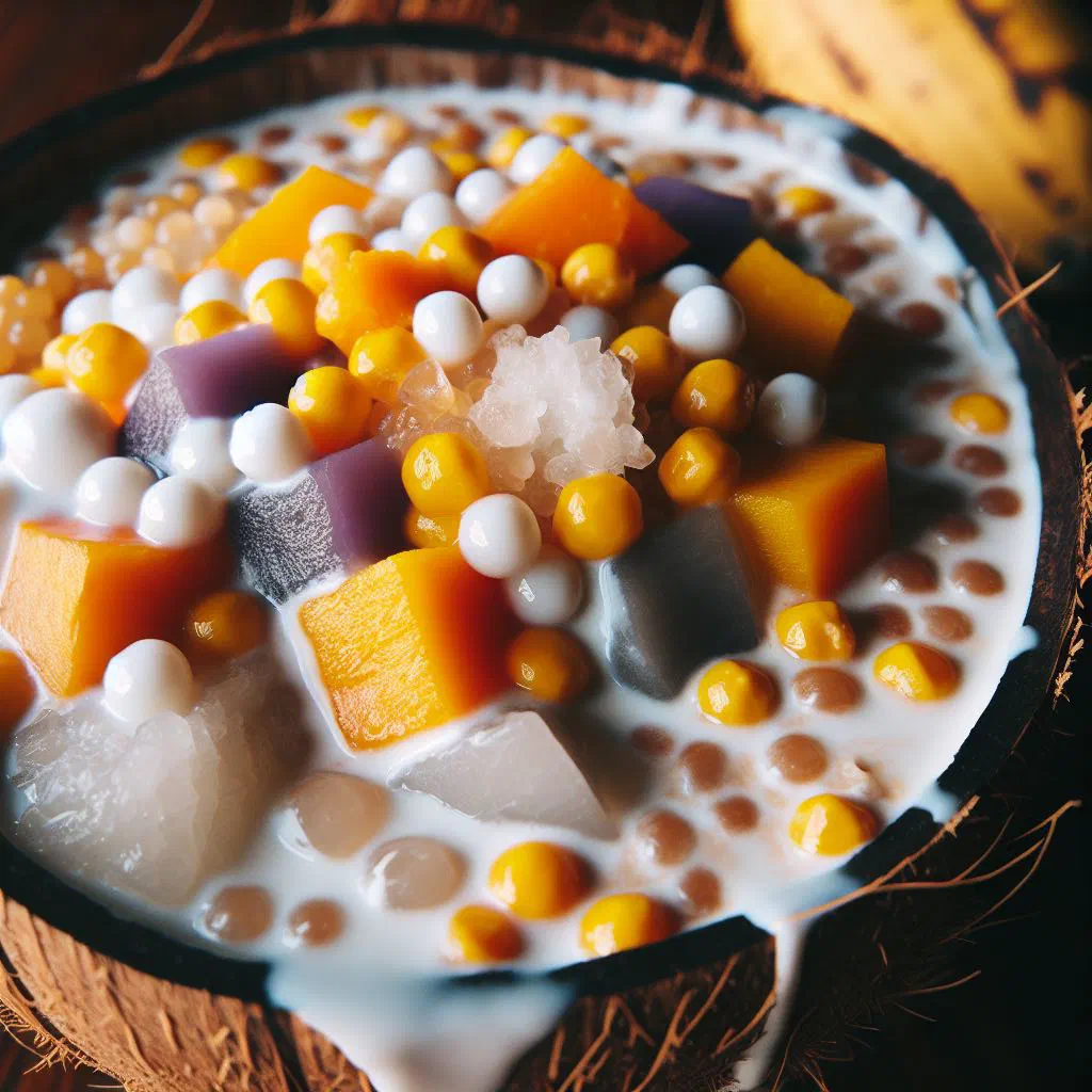 Bowl of ginataang halo-halo with sweet potato, ube and fruit in creamy coconut milk