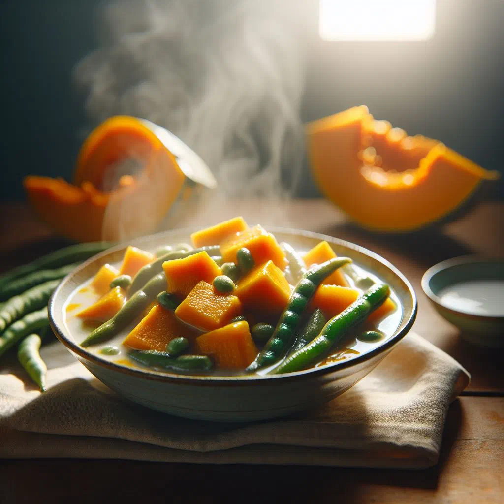 Ginataang kalabasa at sitaw with squash and green beans in a creamy coconut sauce