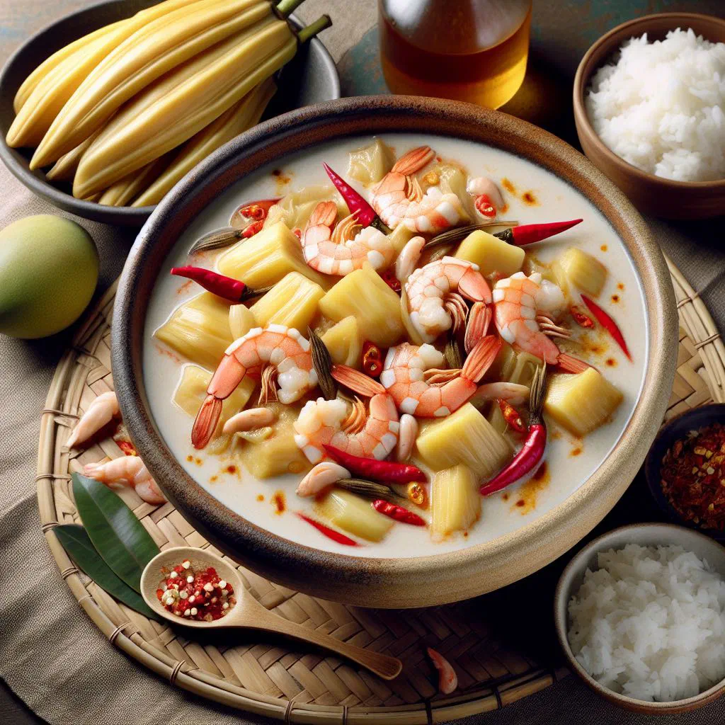 Ginataang langka with young jackfruit simmered in creamy coconut milk and garnished with coriander