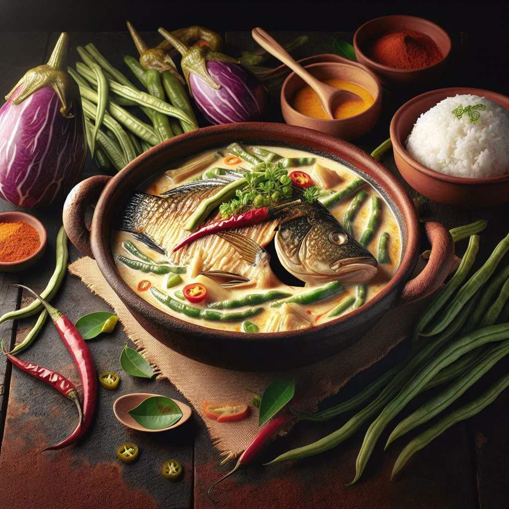 Ginataang tilapia simmered in creamy coconut sauce with leafy greens and fresh chilli