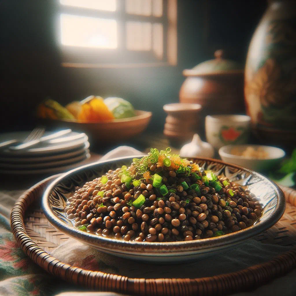 Bowl of ginisang munggo mung bean stew with leafy greens