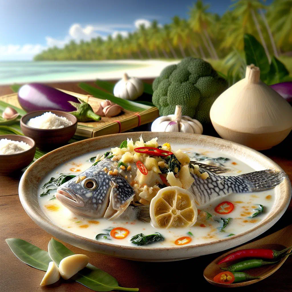 Tilapia fillets simmered in creamy coconut sauce with greens and chilli