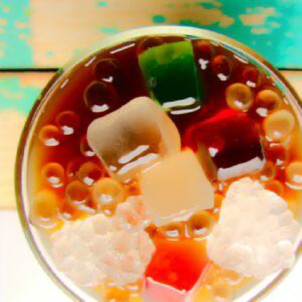 Glass of gulaman at sago with jelly cubes and tapioca pearls in coconut milk