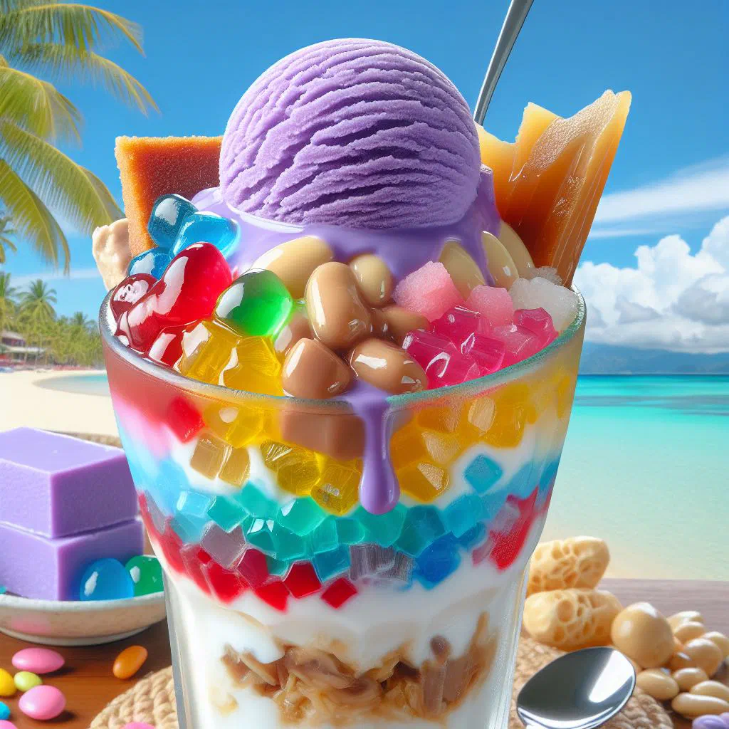 Tall glass of halo-halo with shaved ice, colourful sweetened fruit and condensed milk