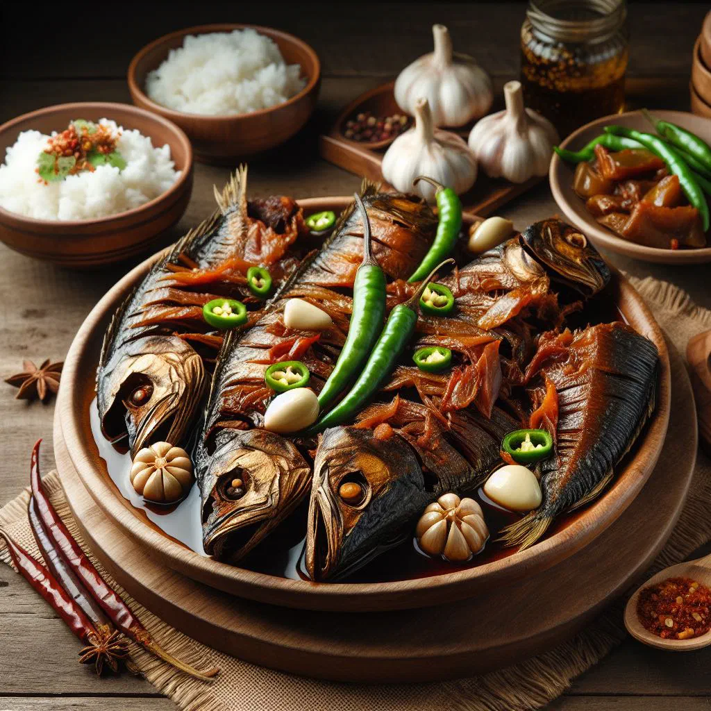 Inadobo na tuyo glazed dried fish served over steamed rice